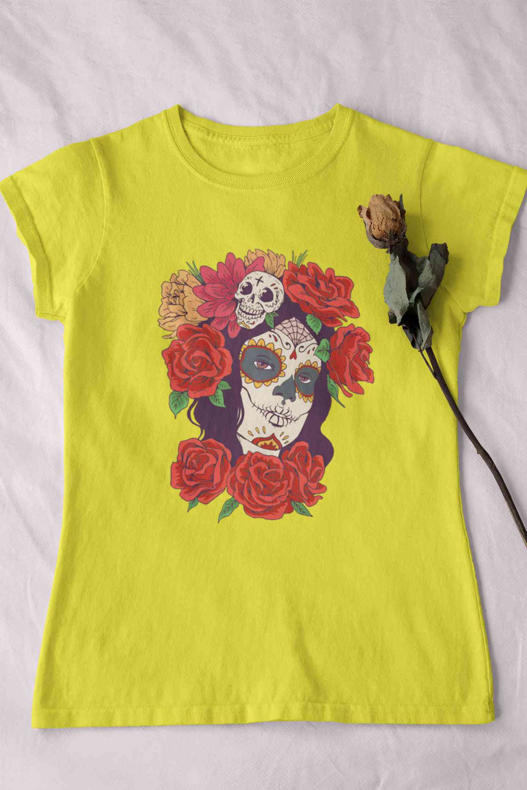 Day Of The Dead Floral Skull Woman Illustration Women Half Sleeves T-shirt- KidsFashionVilla
