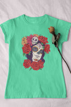 Load image into Gallery viewer, Day Of The Dead Floral Skull Woman Illustration Women Half Sleeves T-shirt- KidsFashionVilla
