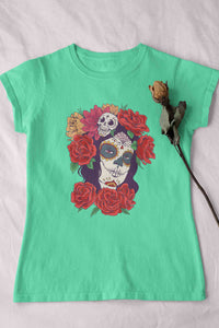 Day Of The Dead Floral Skull Woman Illustration Women Half Sleeves T-shirt- KidsFashionVilla