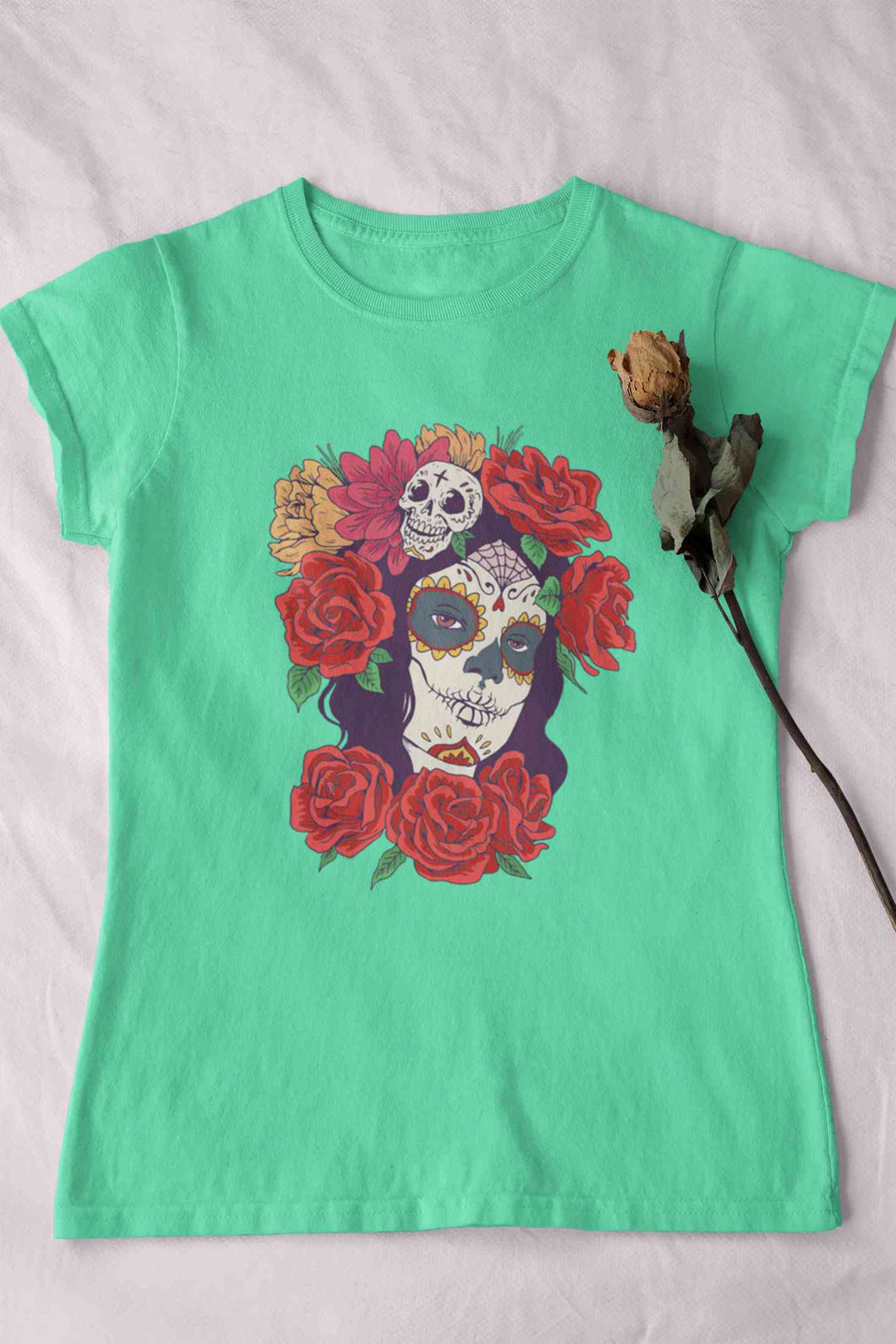 Day Of The Dead Floral Skull Woman Illustration Women Half Sleeves T-shirt- KidsFashionVilla