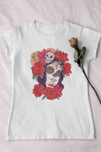 Day Of The Dead Floral Skull Woman Illustration Women Half Sleeves T-shirt- KidsFashionVilla