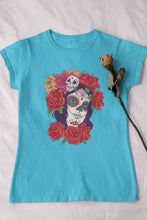 Load image into Gallery viewer, Day Of The Dead Floral Skull Woman Illustration Women Half Sleeves T-shirt- KidsFashionVilla
