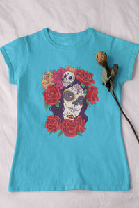 Day Of The Dead Floral Skull Woman Illustration Women Half Sleeves T-shirt- KidsFashionVilla