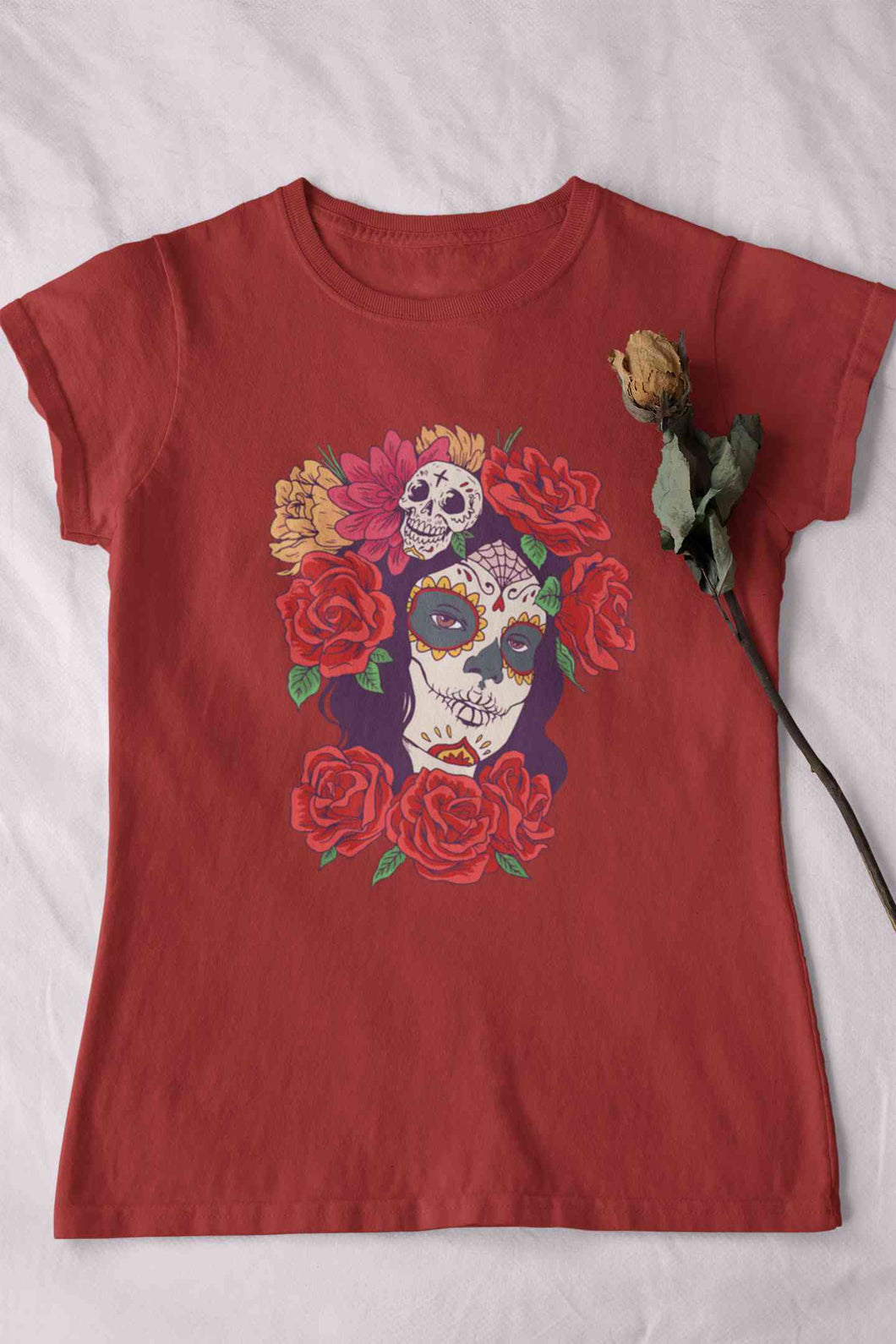 Day Of The Dead Floral Skull Woman Illustration Women Half Sleeves T-shirt- KidsFashionVilla