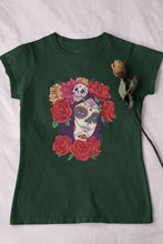 Load image into Gallery viewer, Day Of The Dead Floral Skull Woman Illustration Women Half Sleeves T-shirt- KidsFashionVilla
