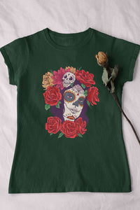 Day Of The Dead Floral Skull Woman Illustration Women Half Sleeves T-shirt- KidsFashionVilla