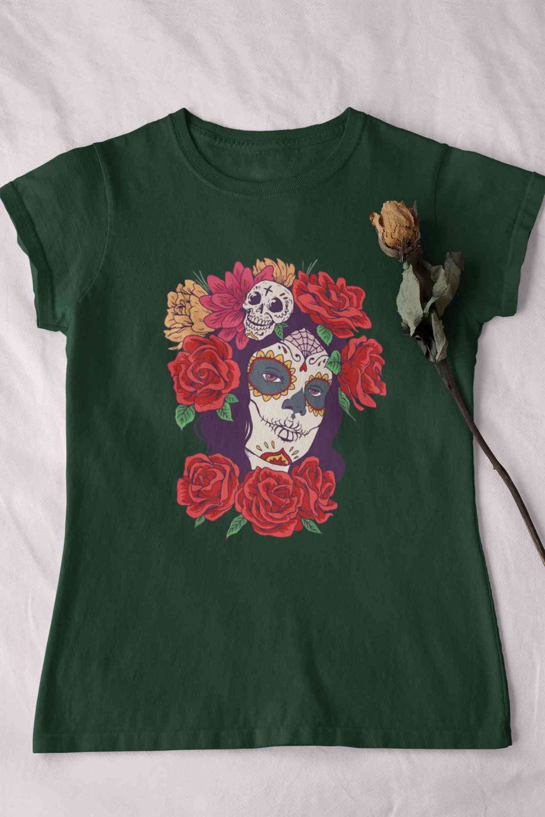 Day Of The Dead Floral Skull Woman Illustration Women Half Sleeves T-shirt- KidsFashionVilla