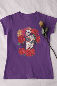Day Of The Dead Floral Skull Woman Illustration Women Half Sleeves T-shirt- KidsFashionVilla
