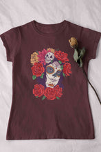 Load image into Gallery viewer, Day Of The Dead Floral Skull Woman Illustration Women Half Sleeves T-shirt- KidsFashionVilla
