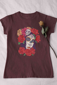 Day Of The Dead Floral Skull Woman Illustration Women Half Sleeves T-shirt- KidsFashionVilla
