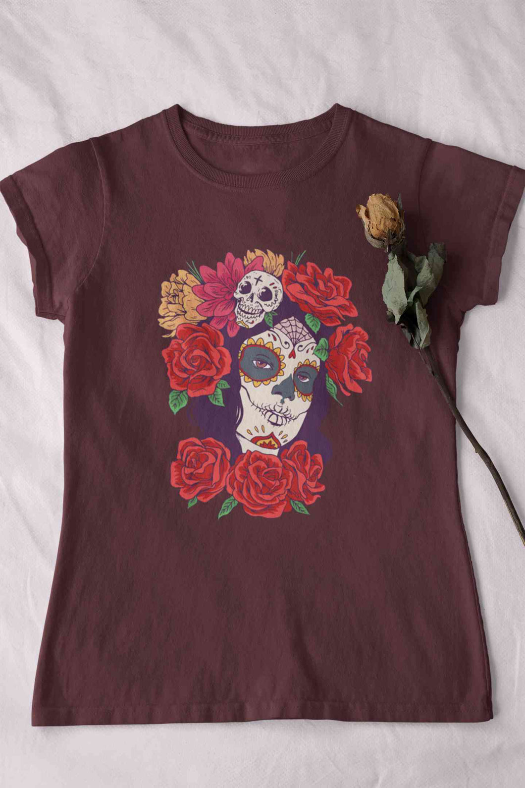 Day Of The Dead Floral Skull Woman Illustration Women Half Sleeves T-shirt- KidsFashionVilla