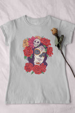 Load image into Gallery viewer, Day Of The Dead Floral Skull Woman Illustration Women Half Sleeves T-shirt- KidsFashionVilla
