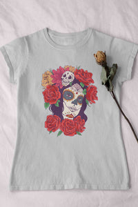 Day Of The Dead Floral Skull Woman Illustration Women Half Sleeves T-shirt- KidsFashionVilla
