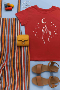 Moon And Hand Print Women Half Sleeves T-shirt- KidsFashionVilla