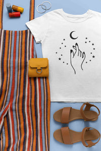 Moon And Hand Print Women Half Sleeves T-shirt- KidsFashionVilla
