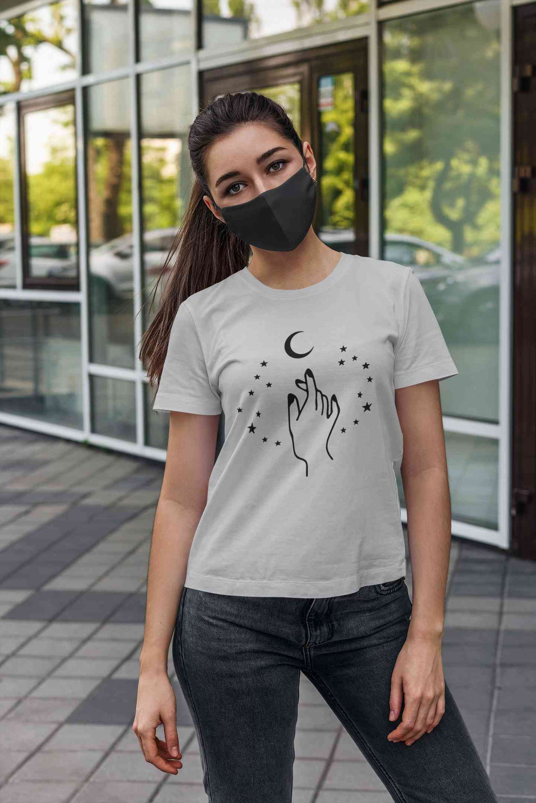 Moon And Hand Print Women Half Sleeves T-shirt- KidsFashionVilla