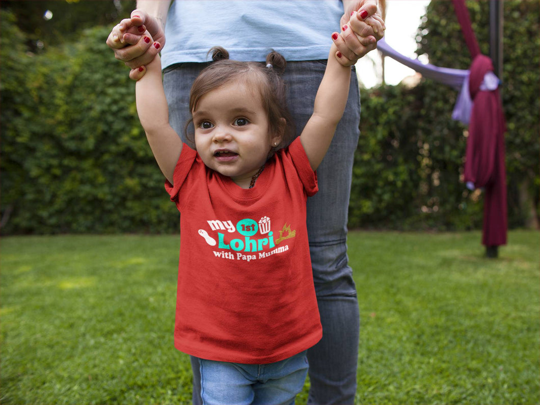 First Lohri With Papa Mumma Half Sleeves T-Shirt For Girls -KidsFashionVilla