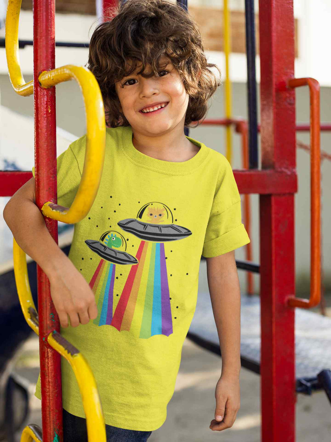 Rainbow Spaceship Cartoon Half Sleeves T-Shirt for Boy-KidsFashionVilla