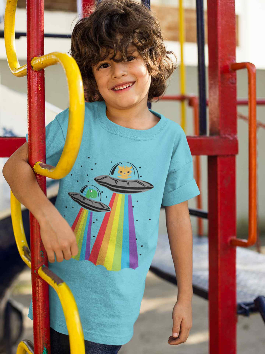 Rainbow Spaceship Cartoon Half Sleeves T-Shirt for Boy-KidsFashionVilla