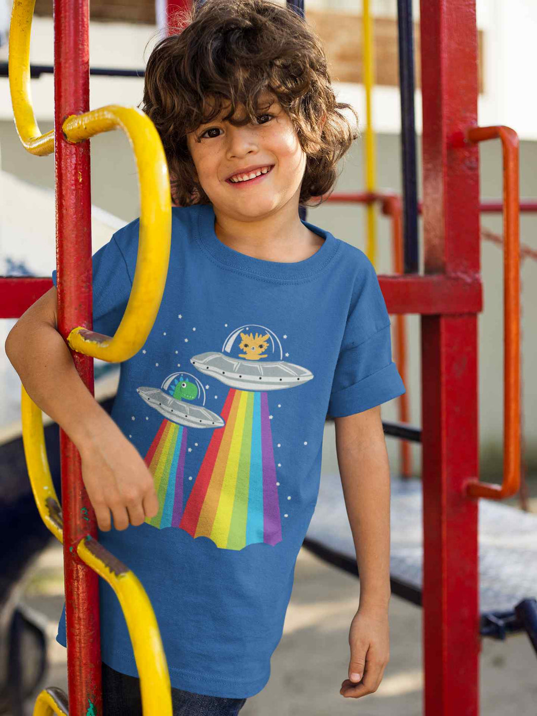 Rainbow Spaceship Cartoon Half Sleeves T-Shirt for Boy-KidsFashionVilla
