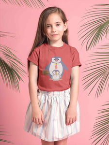 Papa And Baby Penguin Cartoon Half Sleeves T-Shirt For Girls -KidsFashionVilla