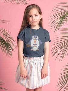 Papa And Baby Penguin Cartoon Half Sleeves T-Shirt For Girls -KidsFashionVilla