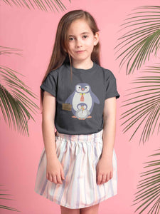Papa And Baby Penguin Cartoon Half Sleeves T-Shirt For Girls -KidsFashionVilla