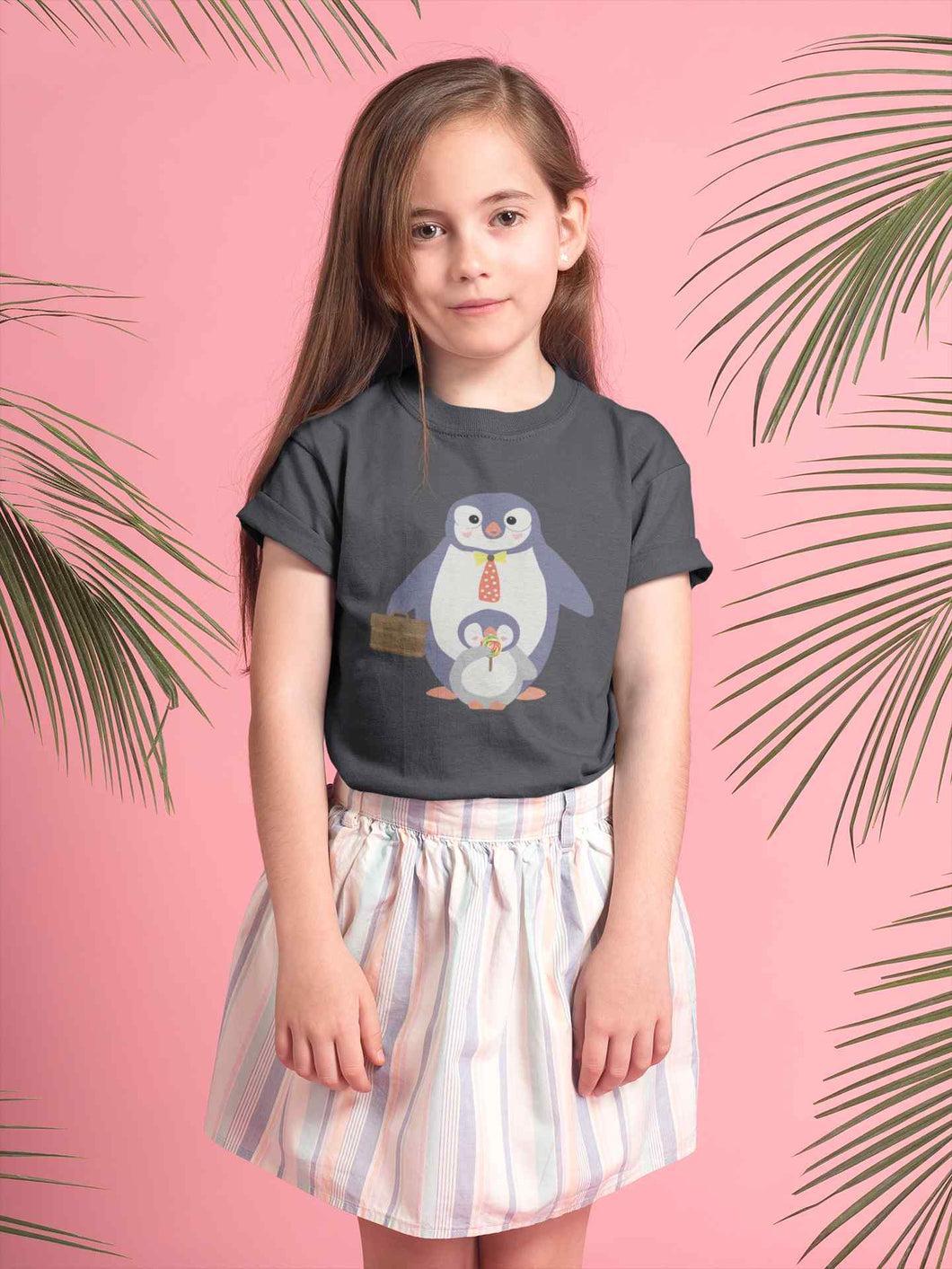 Papa And Baby Penguin Cartoon Half Sleeves T-Shirt For Girls -KidsFashionVilla