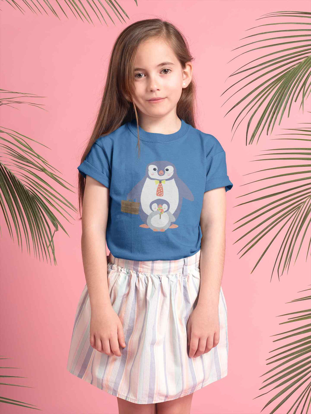 Papa And Baby Penguin Cartoon Half Sleeves T-Shirt For Girls -KidsFashionVilla
