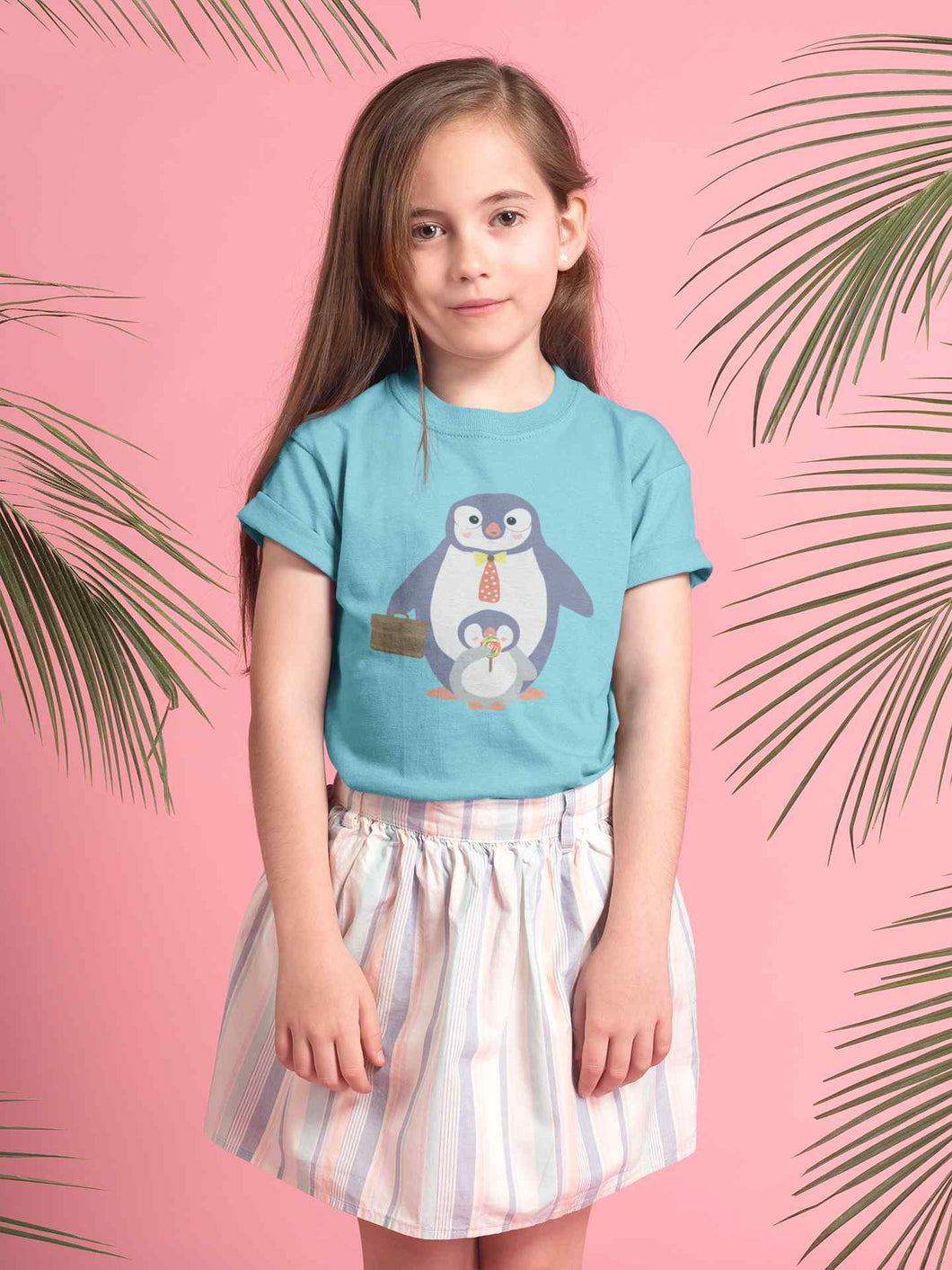 Papa And Baby Penguin Cartoon Half Sleeves T-Shirt For Girls -KidsFashionVilla