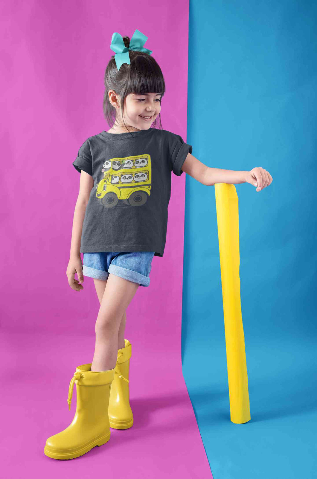 Panda Yellow Bus Cartoon Half Sleeves T-Shirt For Girls -KidsFashionVilla