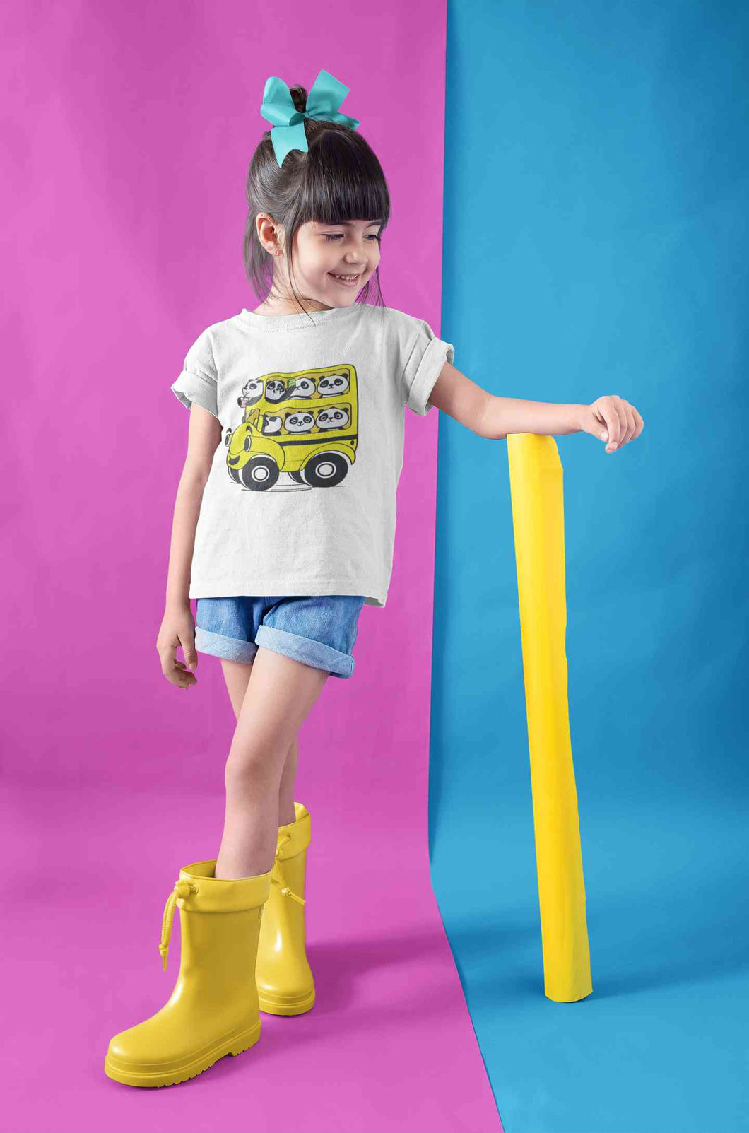 Panda Yellow Bus Cartoon Half Sleeves T-Shirt For Girls -KidsFashionVilla