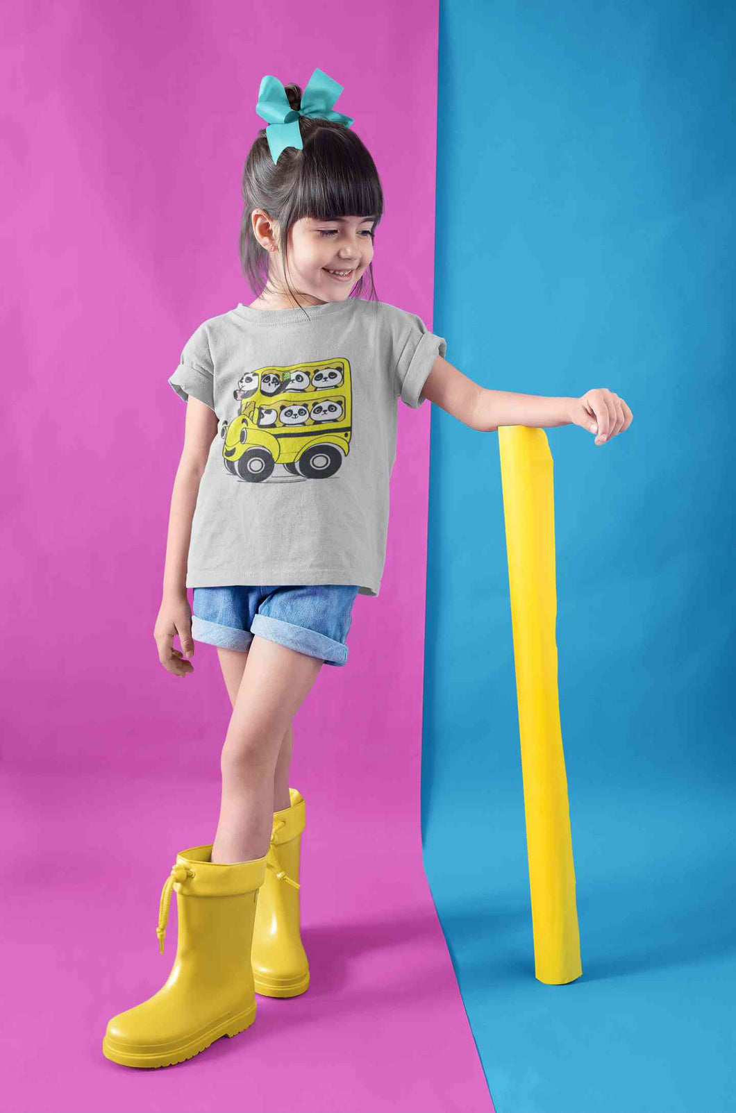 Panda Yellow Bus Cartoon Half Sleeves T-Shirt For Girls -KidsFashionVilla