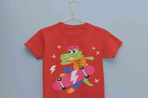 Skateboard Crocodile Cartoon Half Sleeves T-Shirt For Girls -KidsFashionVilla
