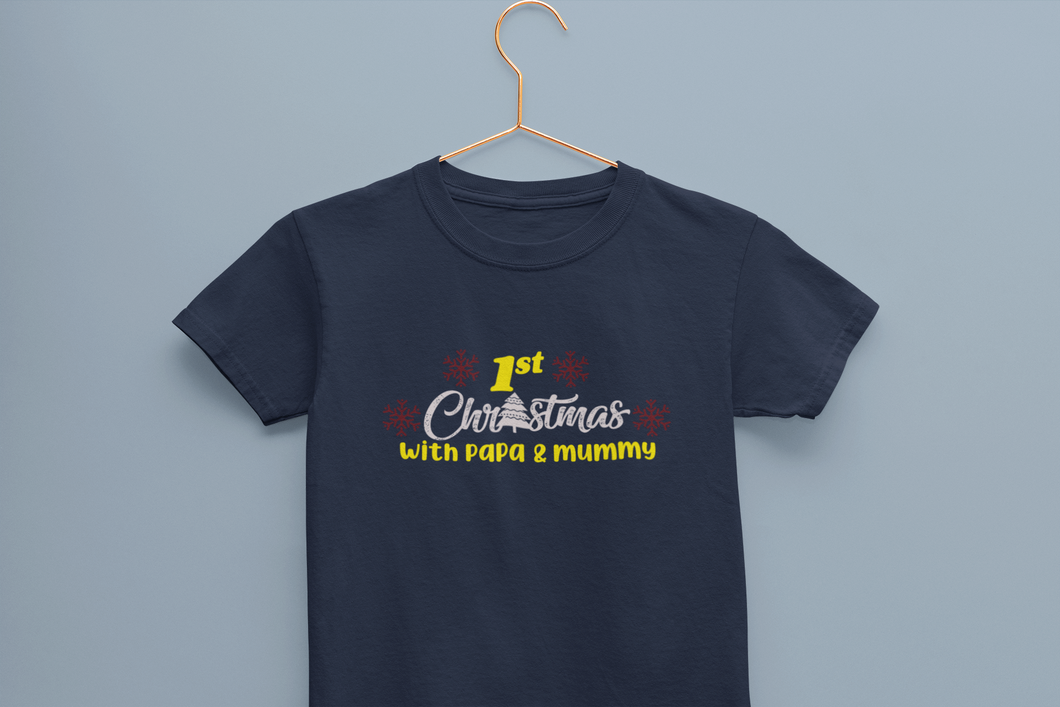 First Christmas With Mummy Papa Half Sleeves T-Shirt For Girls -KidsFashionVilla