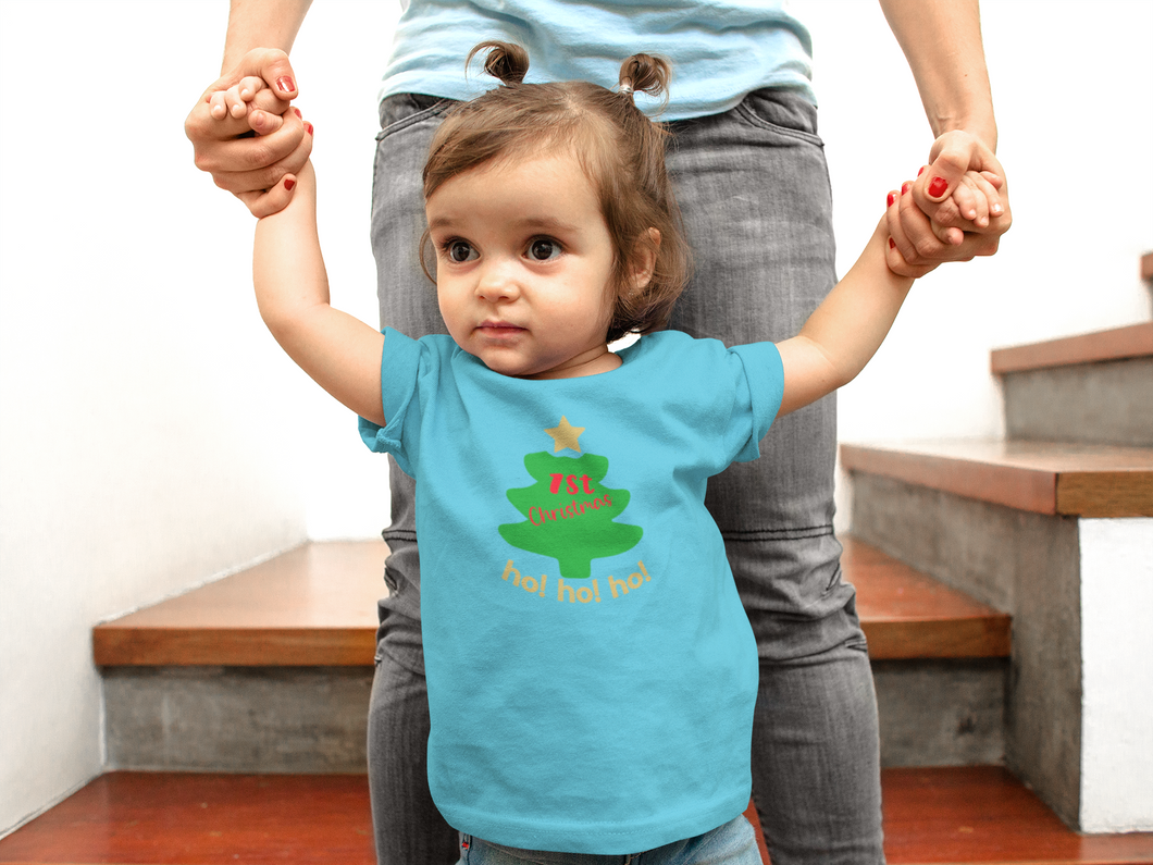 Ho Ho Ho First Christmas Half Sleeves T-Shirt For Girls -KidsFashionVilla