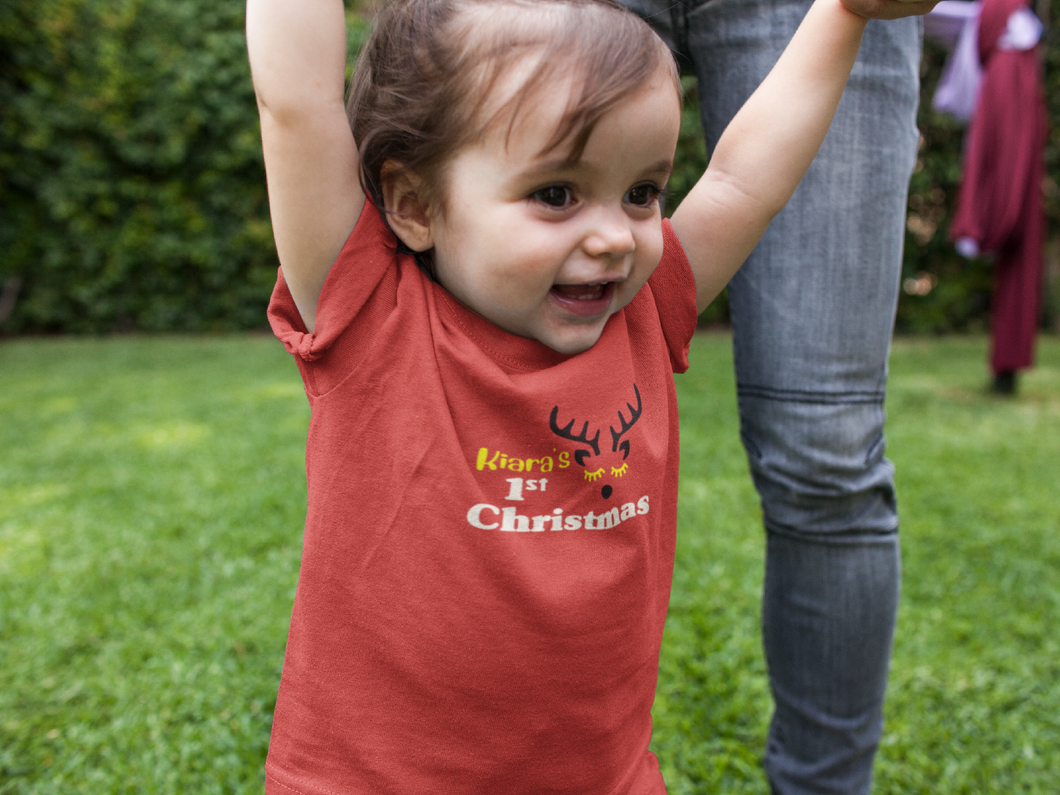 Customized Name First Christmas Half Sleeves T-Shirt For Girls -KidsFashionVilla
