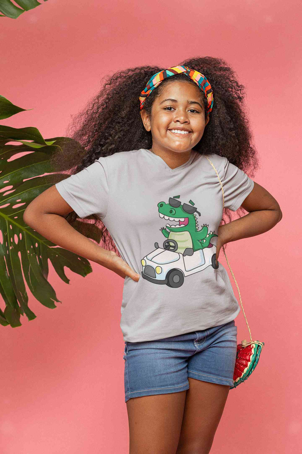 Dino Car Cartoon Half Sleeves T-Shirt For Girls -KidsFashionVilla