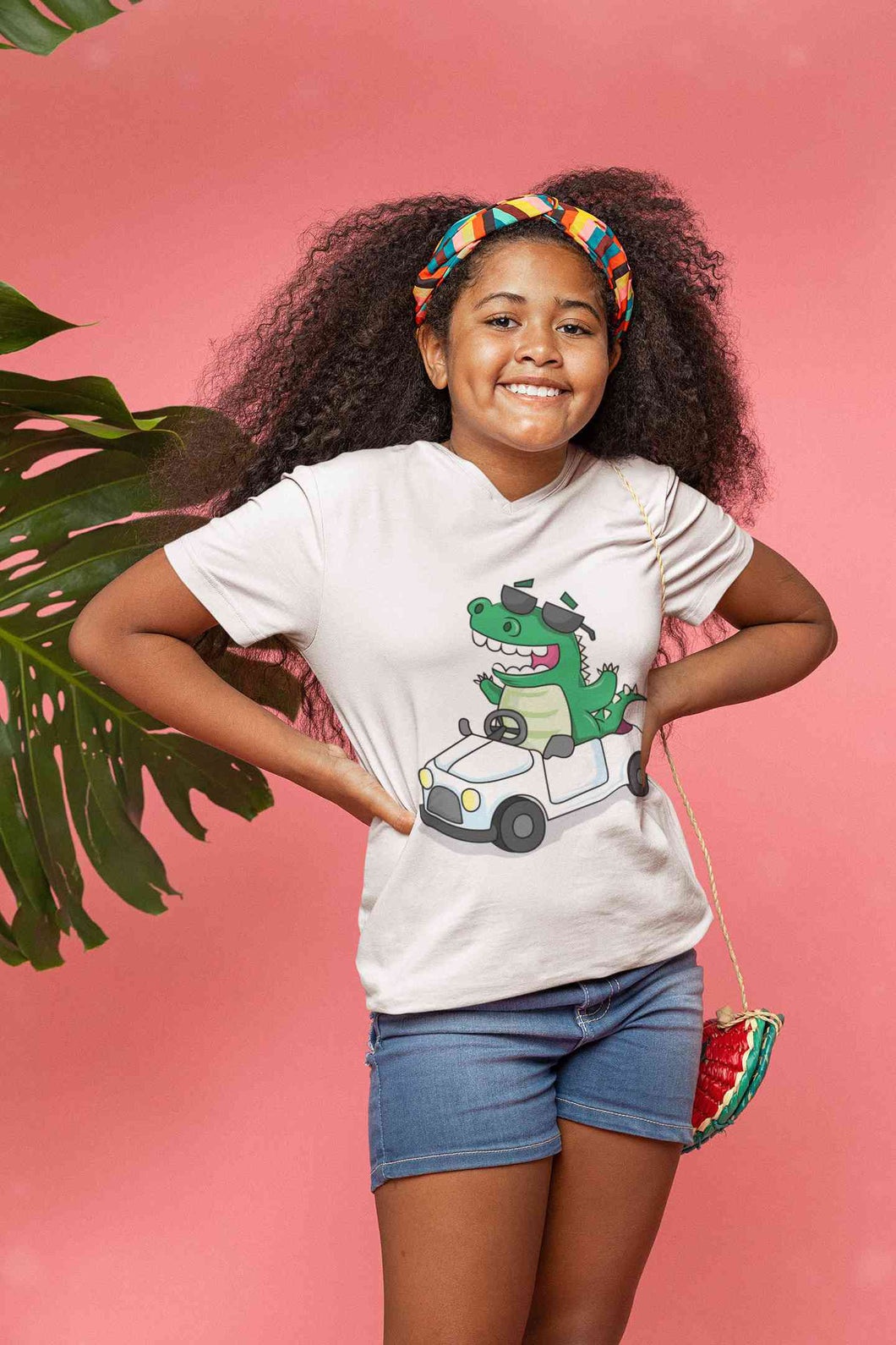 Dino Car Cartoon Half Sleeves T-Shirt For Girls -KidsFashionVilla