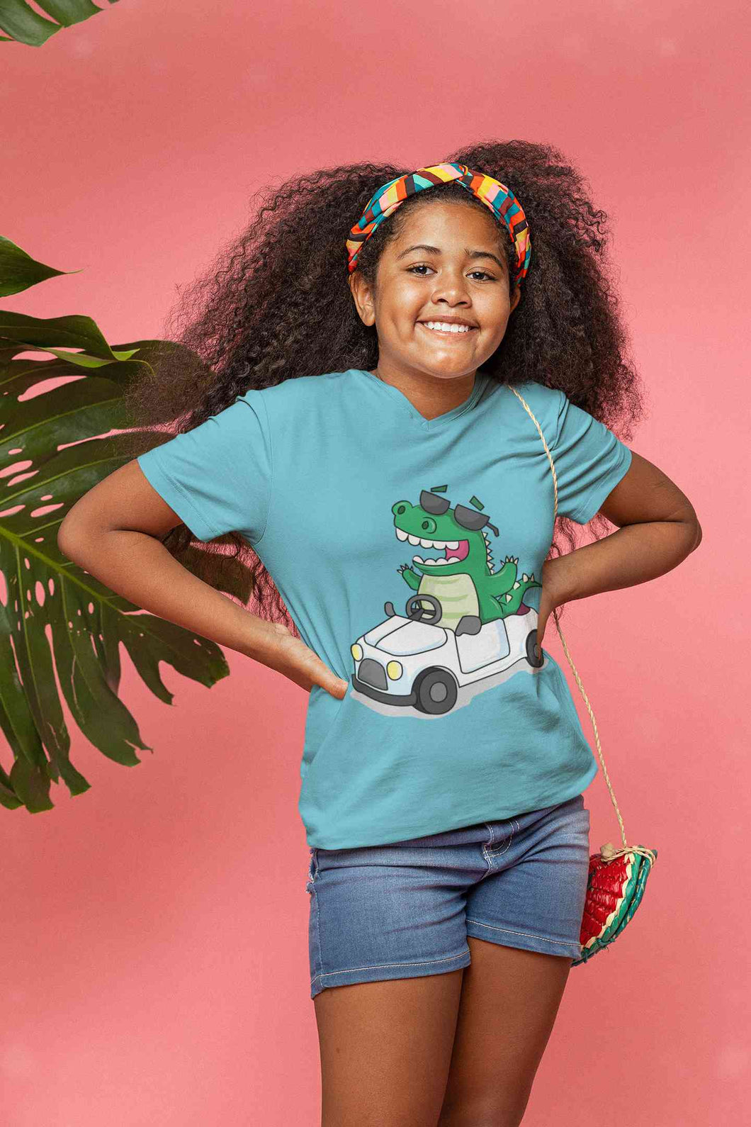 Dino Car Cartoon Half Sleeves T-Shirt For Girls -KidsFashionVilla