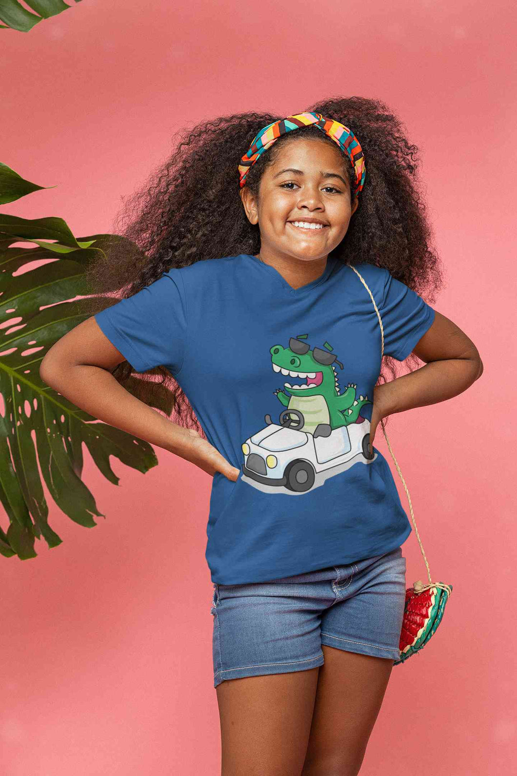 Dino Car Cartoon Half Sleeves T-Shirt For Girls -KidsFashionVilla