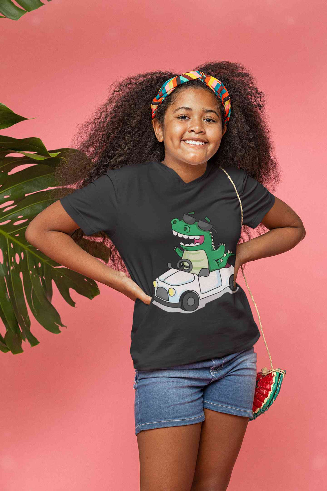 Dino Car Cartoon Half Sleeves T-Shirt For Girls -KidsFashionVilla