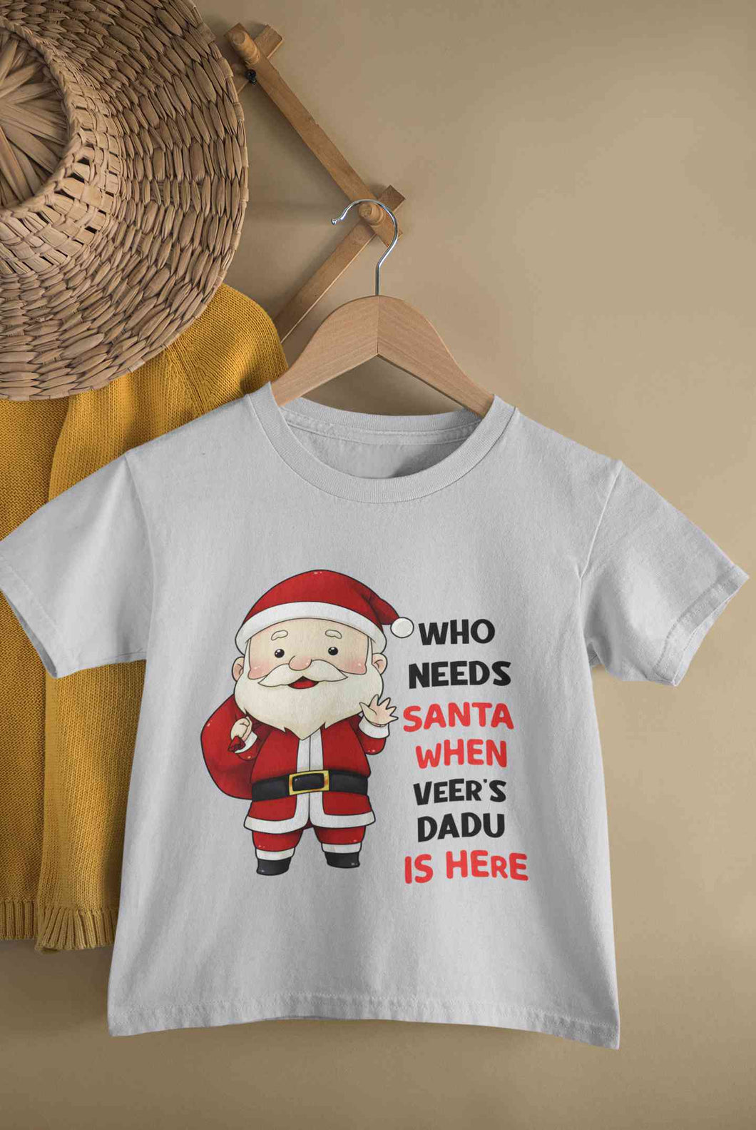 Customized Name Santa Dadu Is Here Christmas Half Sleeves T-Shirt for Boy-KidsFashionVilla