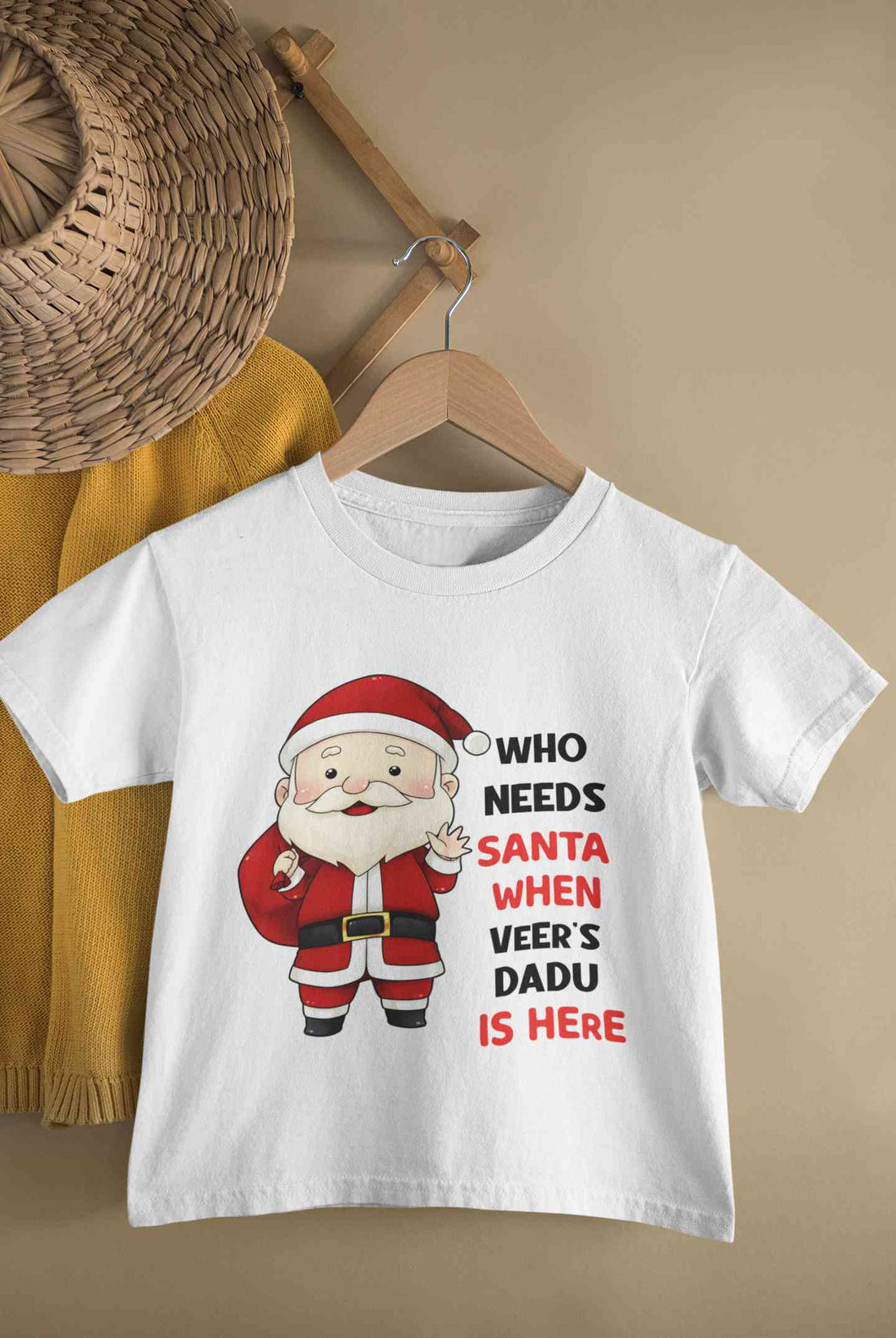 Customized Name Santa Dadu Is Here Christmas Half Sleeves T-Shirt for Boy-KidsFashionVilla