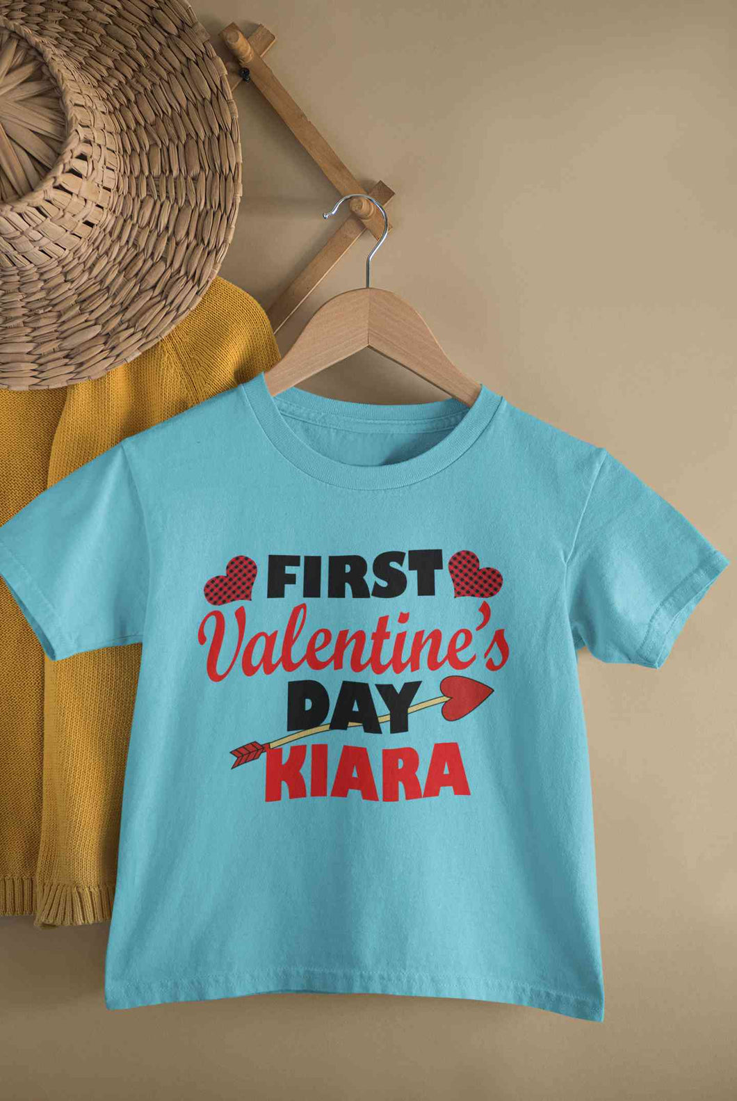 Custom Name First Valentine Half Sleeves T-Shirt For Girls -KidsFashionVilla