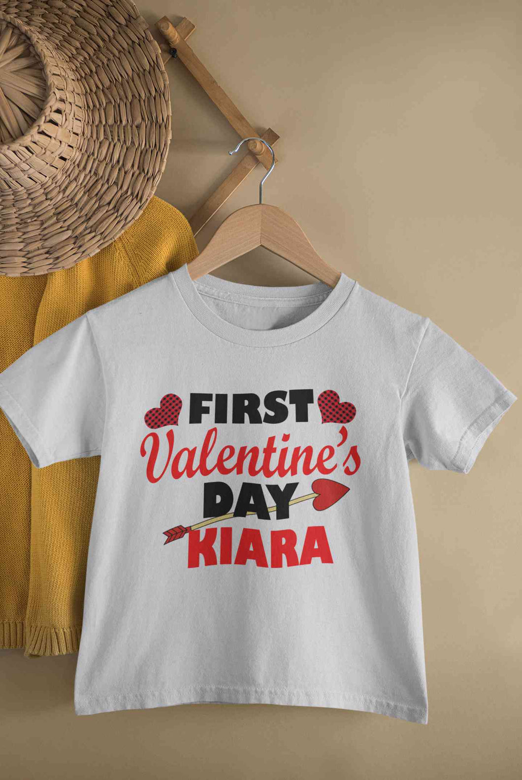 Custom Name First Valentine Half Sleeves T-Shirt For Girls -KidsFashionVilla