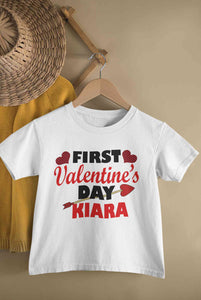 Custom Name First Valentine Half Sleeves T-Shirt For Girls -KidsFashionVilla