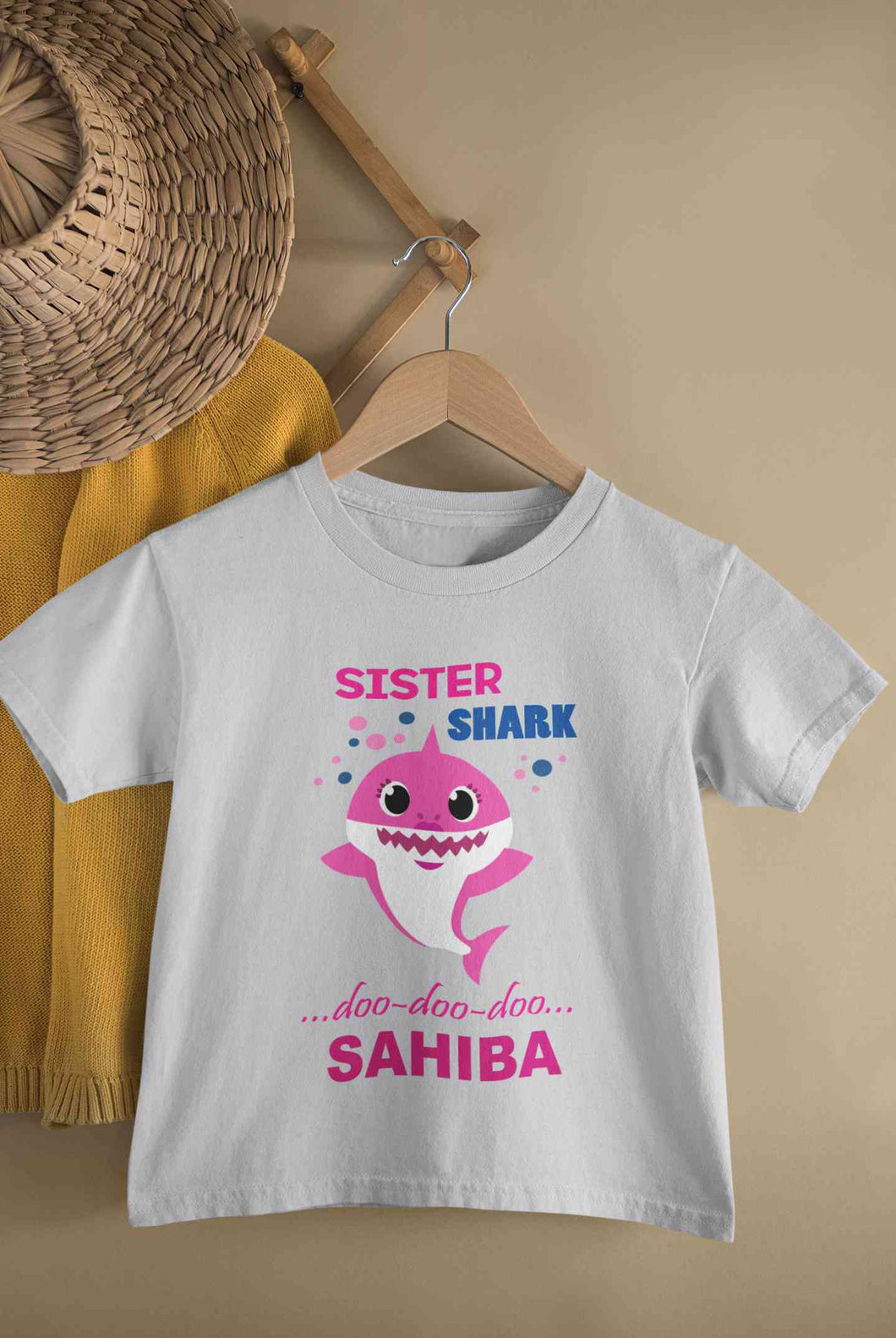 Custom Name Sister Shark Doo Doo Doo Rakhi Half Sleeves T-Shirt For Girls -KidsFashionVilla