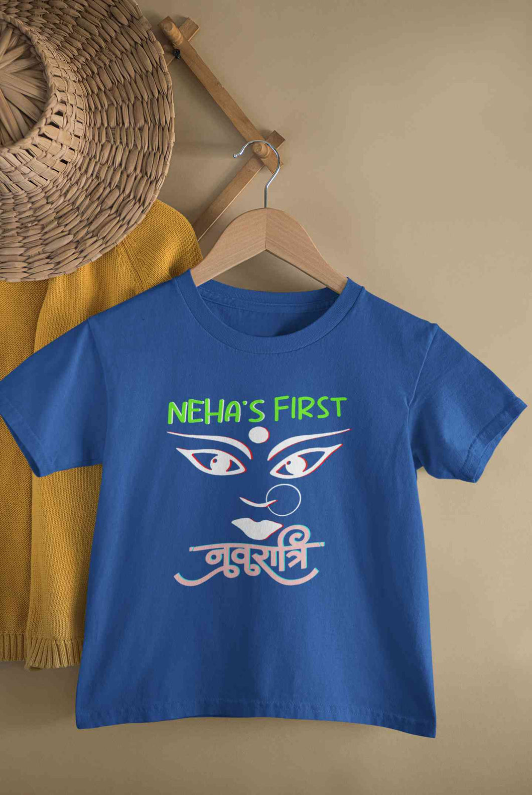 Custom Name First Navratri Durga Pooja Half Sleeves T-Shirt For Girls -KidsFashionVilla
