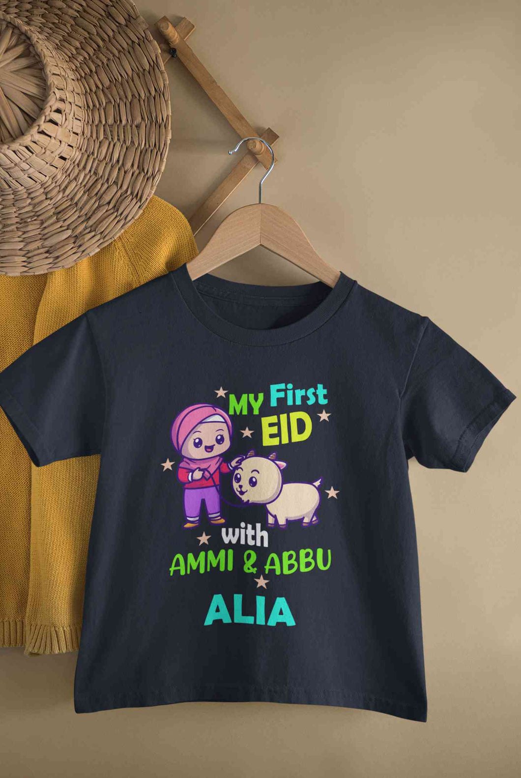 Custom Name My First Eid With Ammi And Abbu Half Sleeves T-Shirt For Girls -KidsFashionVilla